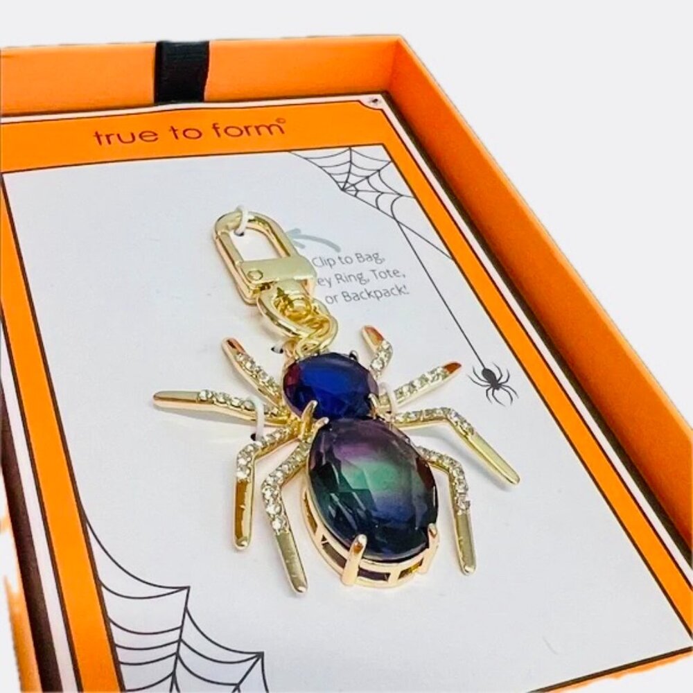True to Form Spider Bag Charm Iridescent Crystal and Glass CZ Gold Tone Clip NIB